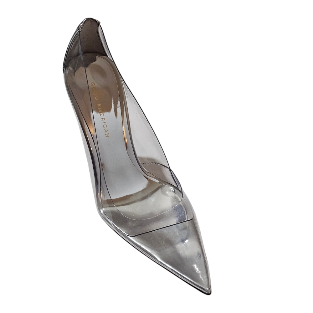 NEW IN BOX Good American Cinderella Silver Clear Pointed Toe Stiletto Heels - Picture 3 of 6